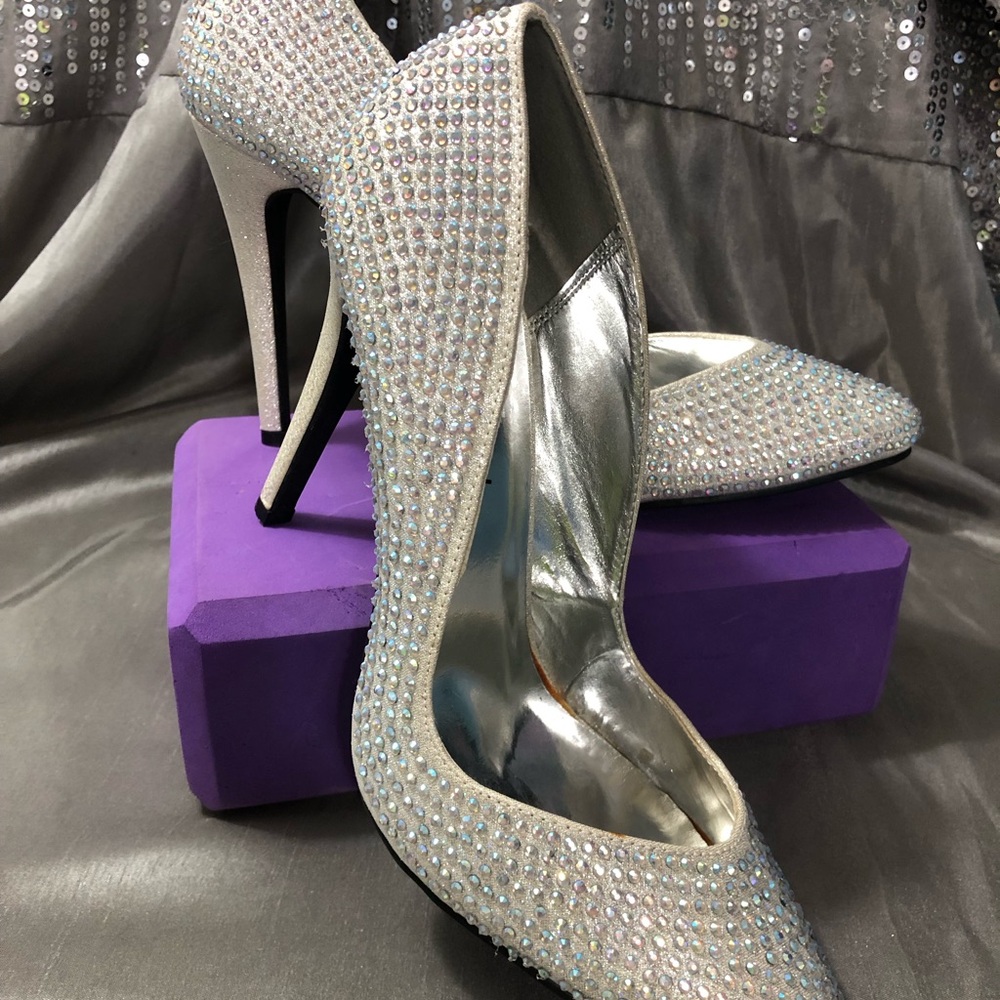 Crystal-Embellished Silver High Heel Pumps for Women